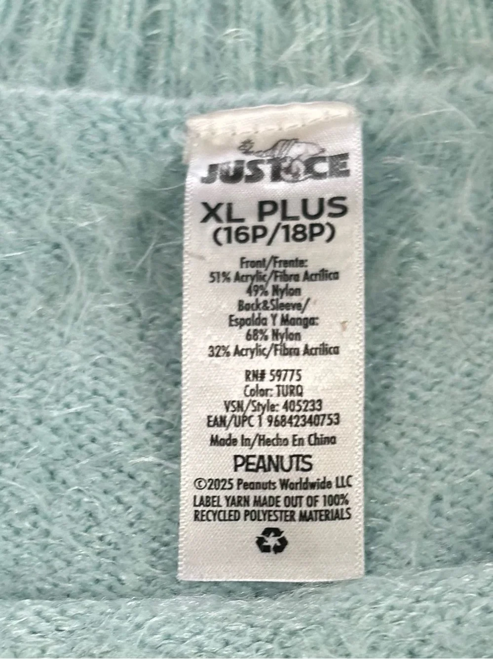 Justice Light Teal Snoopy Novelty Crewneck Sweater with Hot Pink Accent
